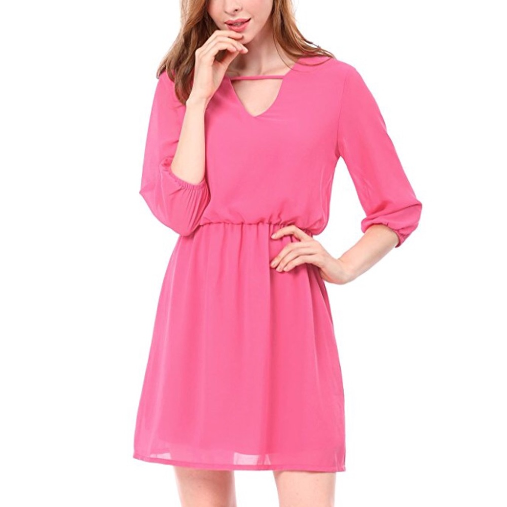 Hot Pink V Neck 3/4 Sleeve Knee High Chiffon Dress - Picture 6 of 8